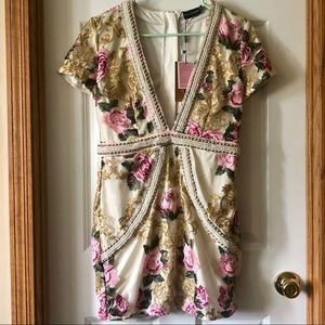 Embroidered Capped Sleeve Pearl Trim Dress